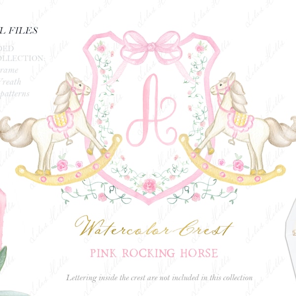 Pink Rocking Horse Newborn Girl Family  Watercolor Crest DIY Dusty Pink Bow Digital papers Watercolor Clipart