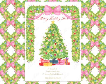 Merry Holiday Tree Christmas Watercolor Clipart: Bow, Garlands  (Digital Download)