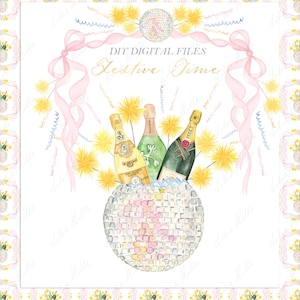 Feestelijk Tijd Discobal Champagneflessen Vintage Boog DIY Digitale papierlijsten Bar Aquarel Clipart Nieuwjaar