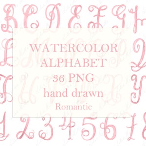Wedding Monogram PNG Calligraphy Letters Numbers for Crest DIY Romantic Blush Pink Digital Watercolor Clipart