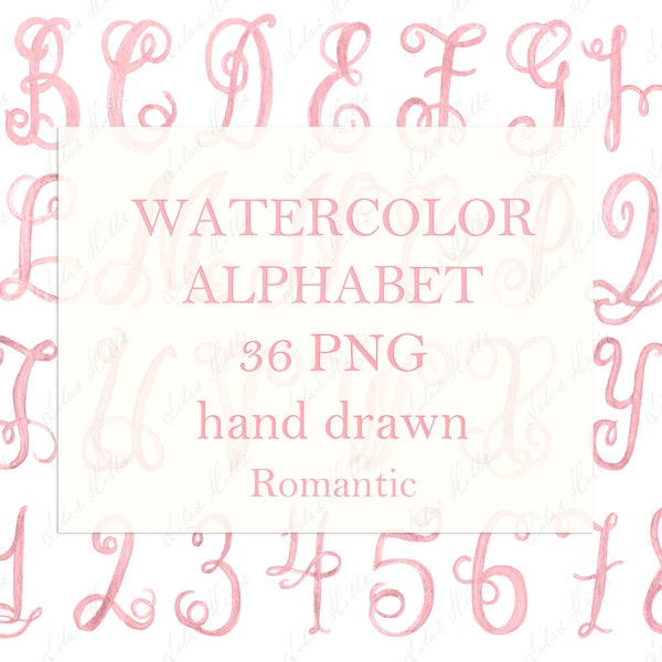 Wedding Monogram PNG Calligraphy Letters Numbers for Crest DIY Romantic Blush Pink Digital Watercolor Clipart