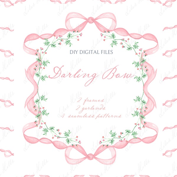 Darling bow Baby shower Pink bow and little flowers Grandmillennial  soft pink DIY Digital paper Frames Watercolor Clipart