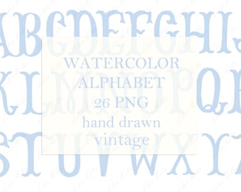 Wedding Monogram PNG Vintage Calligraphy Letters for Crest DIY Light Blue Digital Watercolor Clipart