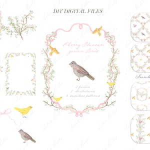 Cinoiserie di uccelli in fiore di ciliegio, verde acquerello, clipart digitale fai da te giardino primaverile rosa. Cornici di carta digitale