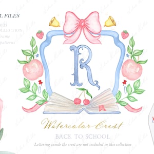 Back to School  Family Grand Millennial Watercolor Crest DIY Dusty Pink Bow Digital papers Watercolor Clipart