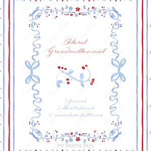Floral Grandmillennial azul e vermelho DIY Digital papel Molduras aquarela Clipart