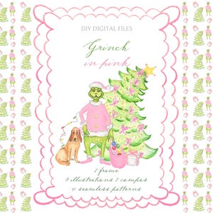 Clipart del Grinch en Rosa: Guirnalda navideña y marcos (Descarga digital)