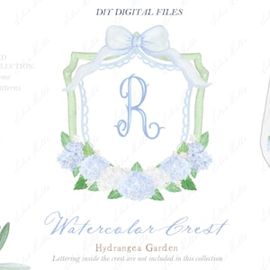 Brasão de aquarela da família de hortênsias DIY Laço azul empoeirado e verde sálvia Papéis digitais Clipart de aquarela