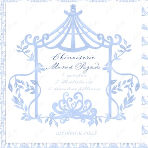 Chinoiserie Mums Pagode Blau Toile. DIY digitales Papier Aquarell Clipart