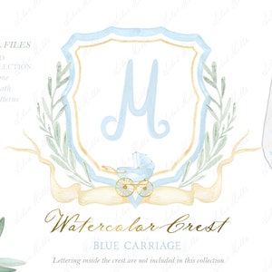Calèche bleu écusson nouveau-né garçon famille aquarelle écusson bricolage vieux bleu vichy papiers numériques aquarelle Clipart