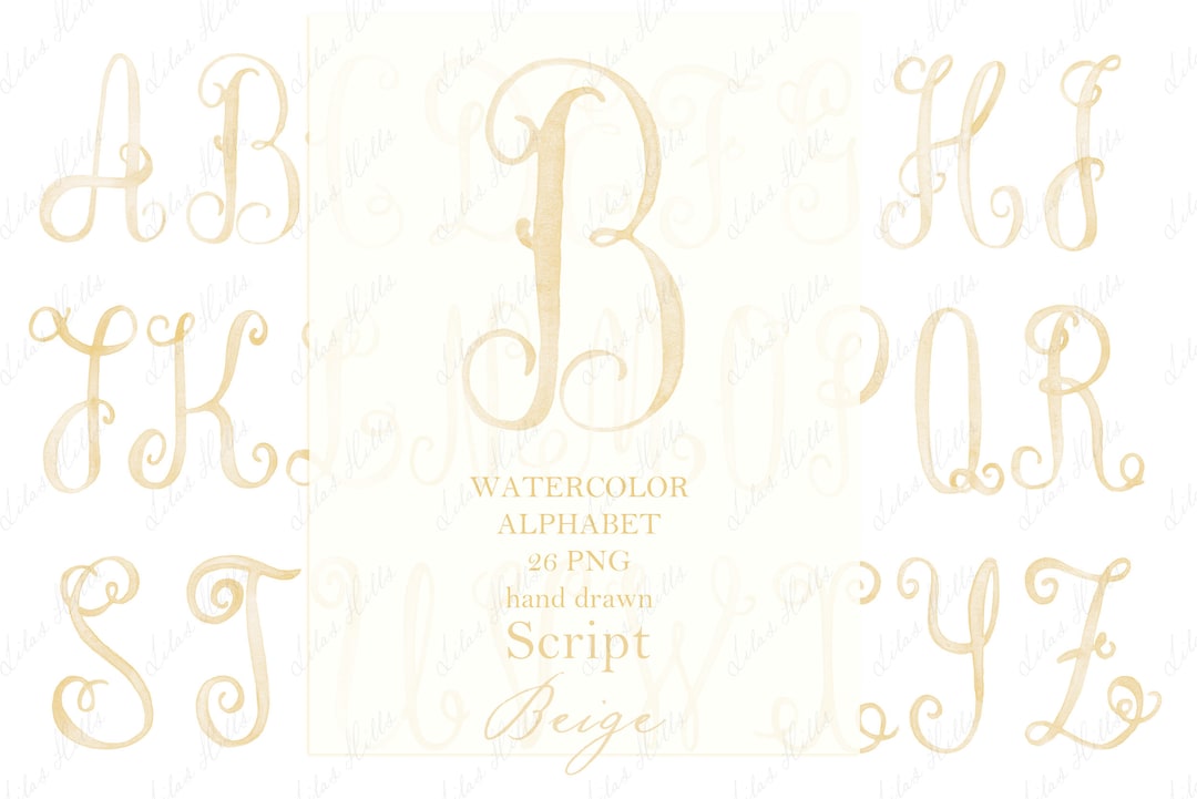 Watercolor Script Letters, Beige Calligraphy Monogram (PNG Digital ...