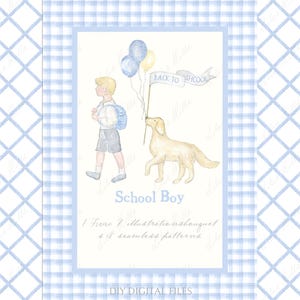 School Boy Watercolor Clipart Blue Pastel Back to School Dog Seamless Patterns Grand Millennial Hand Drawn Illustrations DIY Digital