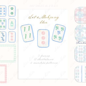 May include: A set of 12 illustrated Mahjong tiles in blue and white with a floral design. The set also includes 3 framed tiles and 4 seamless patterns. The text "Let's Mahjong blue" is written in gold lettering.