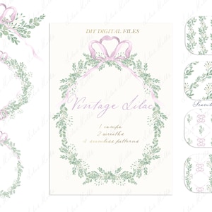 Clipart numérique vintage lilas noeud verdure bricolage. Cadres en papier numérique Clipart mariage