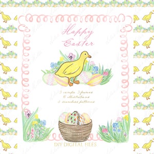 Feliz Páscoa Primavera DIY Digital Yellow Duck Grand Millennial Frames Aquarela Clipart