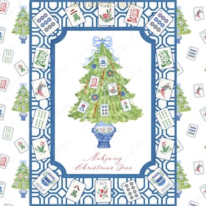 May include: A festive watercolour illustration of a Christmas tree adorned with Mahjong tiles and ornaments, within a blue and white geometric border. The words "Mahjong Christmas Tree" are written in cursive. Mahjong tiles and trees are on a white background.
