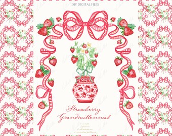 Klipart truskawkowy w stylu chinoiserie: czerwone kokardy Grandmillennial (cyfrowy)