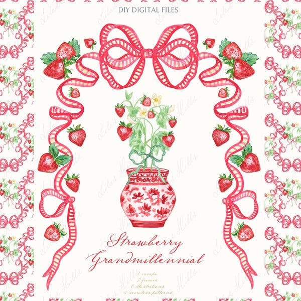 Clipart de estilo chinoiserie de fresas: Lazos rojos grandmillennials (digital)