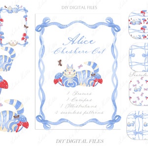Alice au pays des merveilles chat du Cheshire Clipart aquarelle bricolage cadres en papier numérique aquarelle clipart png