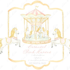 Karussell Pferde rosa Vintage Pastellfarben Baby shower Grandmillennial zart rosa DIY Digitales Papier Rahmen Aquarell Clipart