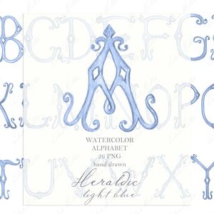 May include: Watercolor alphabet in light blue, featuring ornate, heraldic-style letters. The image displays various letters, including A, B, and J, with decorative flourishes and diamond-shaped accents. Text on the image reads "Watercolor Alphabet" and "hand drawn".