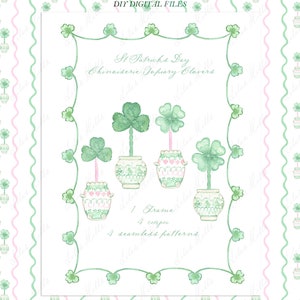 Clipart de trèfles topiaires, chinoiseries, trèfles, bricolage. Rose Vert Carte vintage Papier numérique Cadres