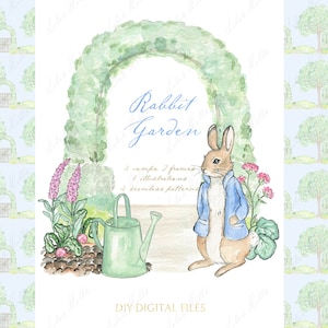 Królicze przyjęcie ogrodoweDIY Cyfrowe Toile Zielone ramki papierowe Piotruś Królik Akwarela Clipart Wielki tysiącletni