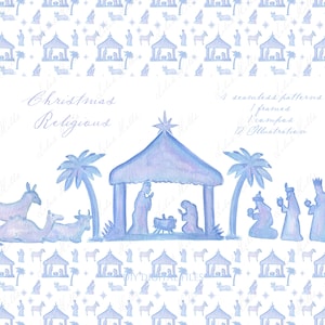 May include: Watercolor illustration of a nativity scene with a blue and purple color scheme. The scene includes a stable, a donkey, a cow, a palm tree, and three wise men. The text "Christmas Religious" is written in cursive at the top of the image.