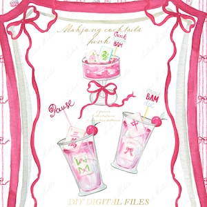 Mahjong roze cocktails aquarel DIY clipart Chinoiserie Grand millennial Mah Jong artwork bruiloft clipart digitale papieren frames