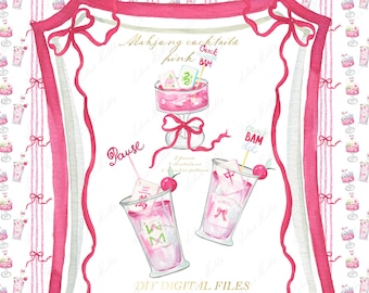 Mahjong Clipart: Pink Cocktails, Chinoiserie DIY Graphics (Digital Download, PNG
