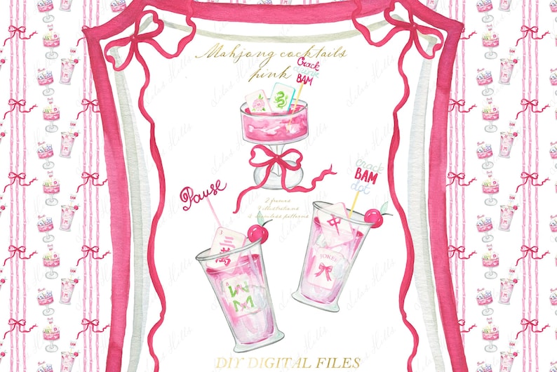 Puede incluir: Ilustraci&oacute;n en acuarela de c&oacute;cteles rosas y un postre rosa, con el texto "Mahjong cocktails pink BAM". La imagen incluye cerezas, cubitos de hielo y elementos decorativos, con el texto "DIY DIGITAL FILES".