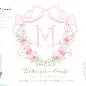 Brasão de família de casamento DIY laço rosa azul folhagem papéis digitais aquarela clipart