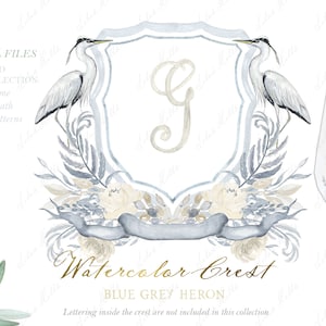 Grey Blue Heron Wedding Family Crest DIY Dusty Blue Grey Digital paper Acquerello Clipart