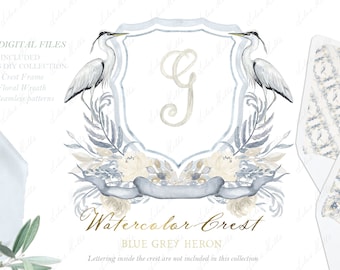 Blue Heron Watercolor Crest Clipart, DIY Wedding Crest (Digital Download)