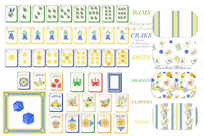 May include: A collection of illustrated Mahjong tiles and patterns. The tiles feature various suits, including Bams, Craks, Dots, Dragons, Flowers, and Winds. The color palette includes green, blue, yellow, and white, with some tiles displaying Chinese characters.