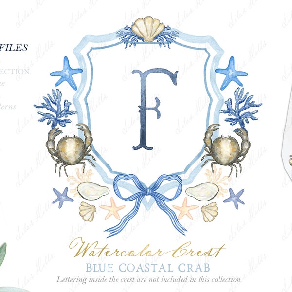 Coastal Crab Blue Wedding Family Crest DIY Dusty Blue sea shell  sea star Digital papers Watercolor Clipart