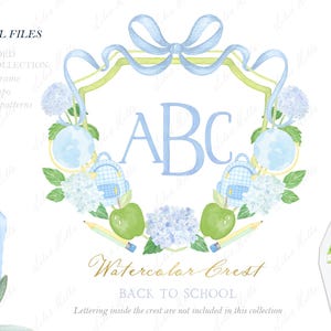Back to School Grand Millennial Green Blue Hydrangea  Family Grand Millennial Watercolor Crest DIY  Digital papers Watercolor Clipart