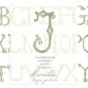Monograma de casamento PNG Letras de caligrafia vintage para brasão DIY heráldico verde sálvia aquarela digital clipart