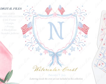 Patriotic 4th July Watercolor Crest Clipart, DIY USA (Digital Download)