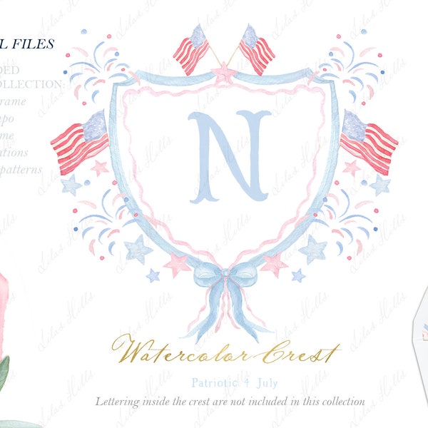 Patriotic 4th July Independence Day  Wedding Family Crest DIY USA, Greenery Digital papers Watercolor Clipart