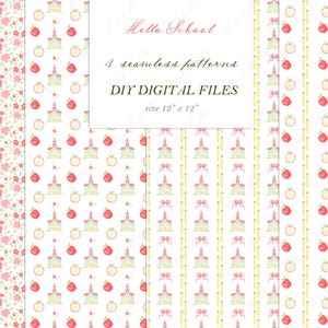 May include: Four digital seamless patterns for crafting and design. The patterns feature a schoolhouse, apples, and pencils in a white background with pink, red, and yellow accents. The text "Hello School" and "DIY DIGITAL FILES" is included in the image.