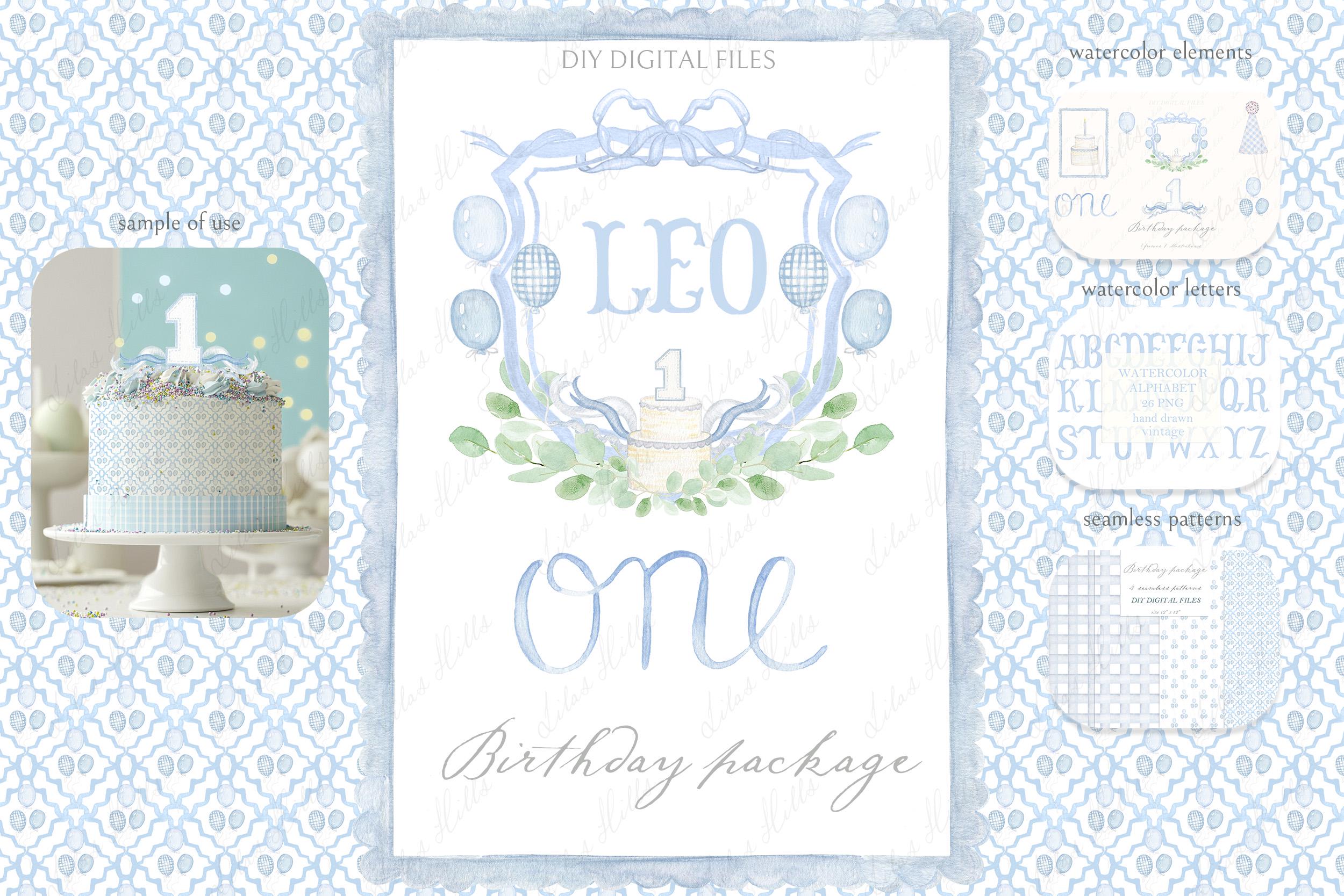 One Year Birthday Watercolor Crest DIY Grand millennial Blue Vintage Family Digital Watercolor Clipart DIY