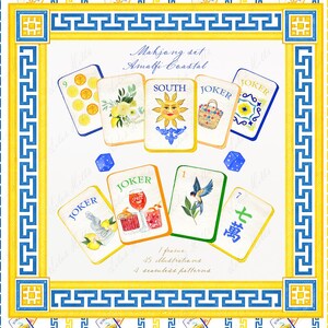 May include: A watercolor illustration of a Mahjong set with Amalfi Coastal theme. The set includes various tiles with images of lemons, flowers, and a sun. The design features blue dice and a decorative border in blue and yellow.