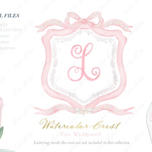 Rosa Wedgwood Vintage Familia Acuarela Cresta DIY Dusty Blue Bow Papeles digitales Acuarela Clipart