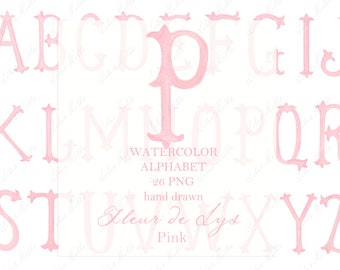 Può includere: Lettere dell'alfabeto in acquerello rosa in un carattere decorativo. Le lettere sono disegnate a mano e hanno uno stile delicato e femminile. Il testo "Fleur de Lys" è scritto in corsivo sotto le lettere.