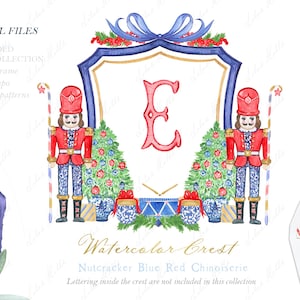 Quebra-nozes vermelho azul natal aquarela crista diy família laço vermelho papéis digitais aquarela clipart grand millennial