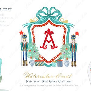 Quebra-nozes Verde Vermelho Natal Aquarela Crista DIY Família Laço Vermelho Papéis Digitais Aquarela Clipart Grand millennial