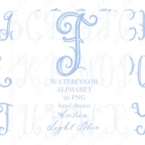 Wedding Monogram PNG Calligraphy Letters for Crest DIY Romantic Antico Light Blue Digital Watercolor Clipart