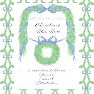 Christmas Blue Bow and Greenery Wreath . DIY Digital Clipart. Digital paper Frames Christmas Garland