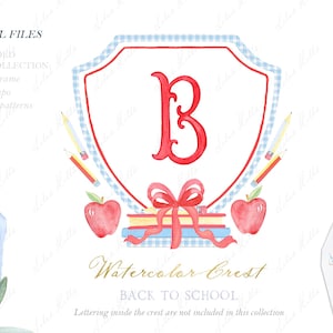 First Day of School Sign Grand Millennial Crest Back to School Blue Gingham Watercolor Crest DIY Dusty Blue Bow Watercolor Clipart